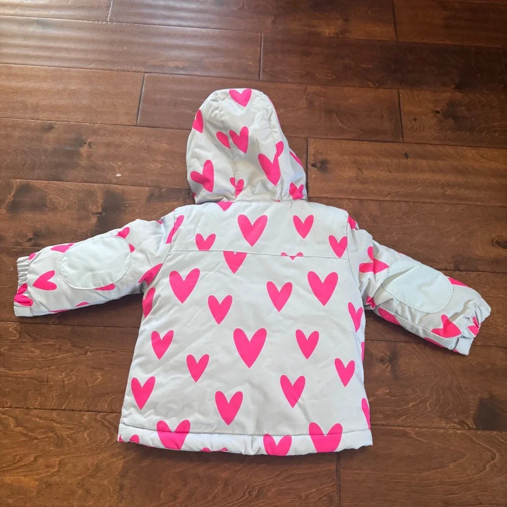 Cat & Jack Toddler Girls Light Blue Pink Heart Puffer Jacket Hooded Coat 18M